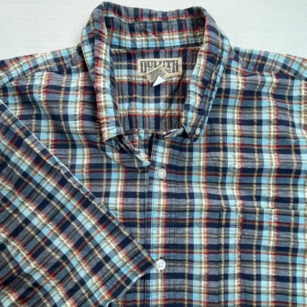 Duluth‎ Trading Co Plaid Short Sleeve Button Up Shirt Men XL Tall Seersucker